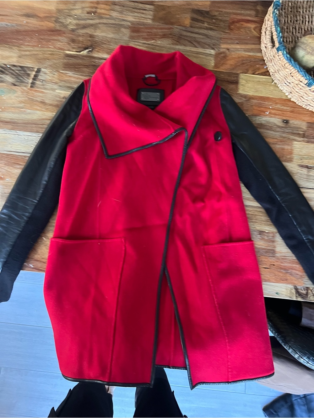 Mackage Red Wool Coat with Black Leather Sleeves